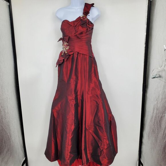 Vintage Claudine Alyce Designs Red Merlot Pin Tucked One Shoulder Prom Dress 4 - Picture 1 of 14